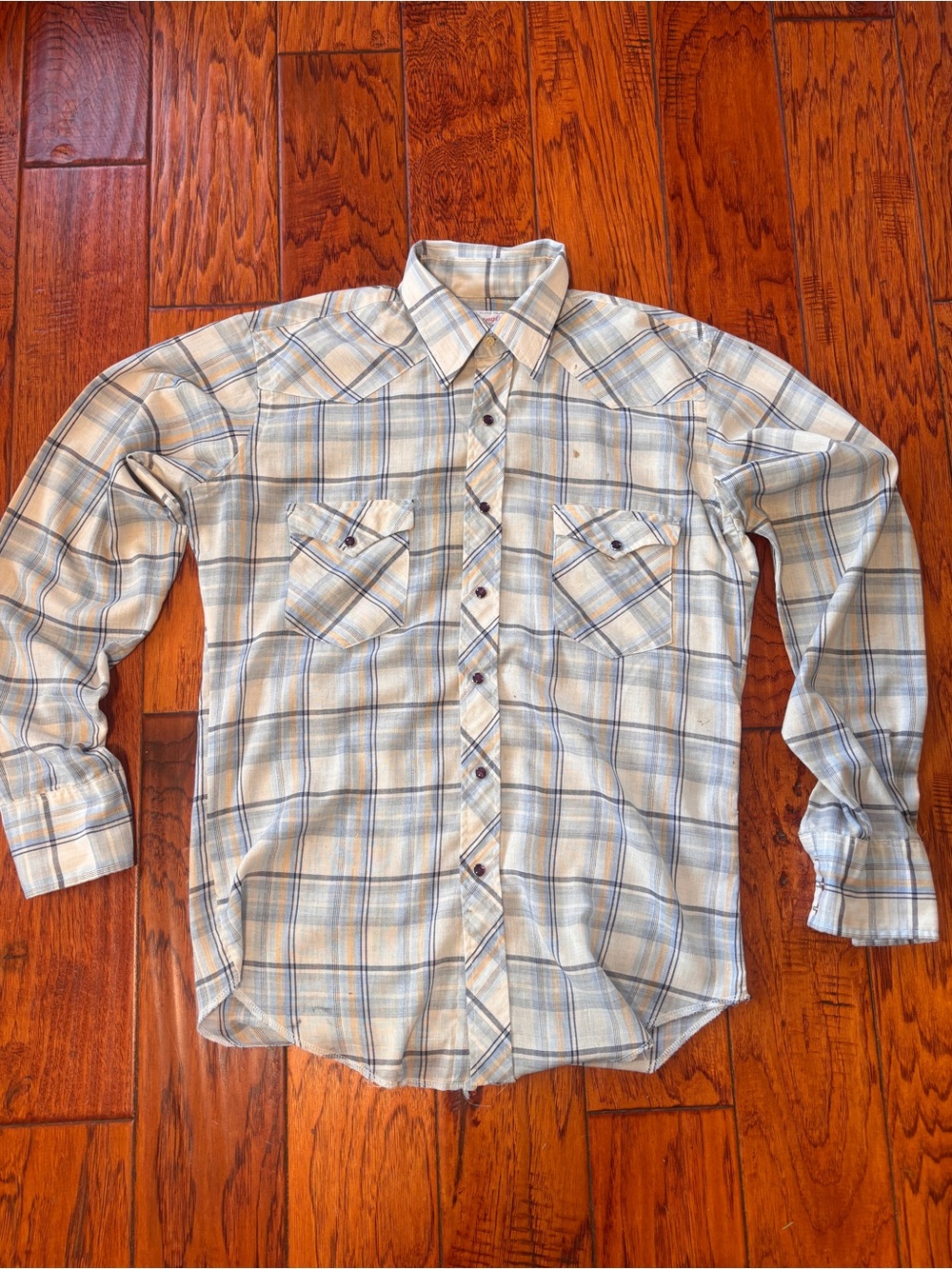 Wrangler Light Blue & Cream Plaid Button-Down Shirt, pearl snap buttons